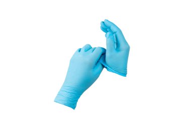 Beyaz arka planda izole edilmiş tıbbi nitril eldivenler. Cerrahi lateks eldivenler. Lastik eldiven üretimi. Doktor ya da hemşire koruyucu eldiven takıyor. Tıp konsepti. Kısırlık, koruma.