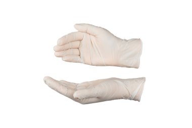 Beyaz arka planda izole edilmiş tıbbi nitril eldivenler. Cerrahi lateks eldivenler. Lastik eldiven üretimi. Doktor ya da hemşire koruyucu eldiven takıyor. Tıp konsepti. Kısırlık, koruma.