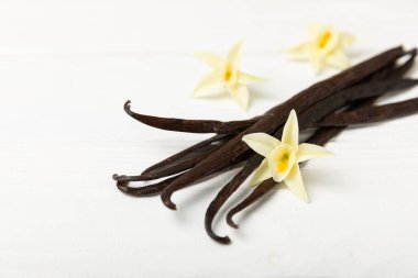 Dokulu bir arka planda vanilya kabukları. Vanilya çiçekleri ve tohumlar. Vanilyalı fasulye. Hamur işleri ve tatlılar için baharatlı baharat. Baharat. Mesaj için yer var. Boşluğu Kopyala