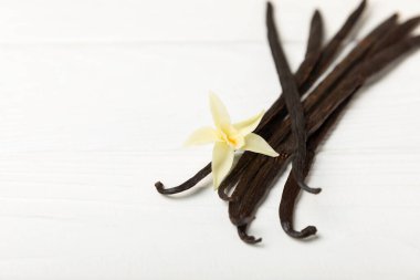 Dokulu bir arka planda vanilya kabukları. Vanilya çiçekleri ve tohumlar. Vanilyalı fasulye. Hamur işleri ve tatlılar için baharatlı baharat. Baharat. Mesaj için yer var. Boşluğu Kopyala