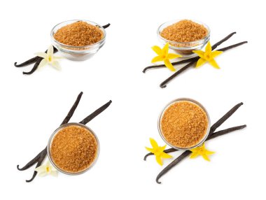 Aromatik vanilya şekeri. Vanilya kabukları. Vanilya çubukları, beyaz arka planda izole edilmiş kahverengi ve beyaz şeker. Vanilya çiçekleri, baharatlar ve tatlı ve pişirme için bitkiler. Mesaj için yer var. Boşluğu kopyala