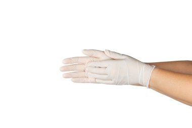 Beyaz arka planda izole edilmiş tıbbi nitril eldivenler. Cerrahi lateks eldivenler. Lastik eldiven üretimi. Doktor ya da hemşire koruyucu eldiven takıyor. Tıp konsepti. Kısırlık, koruma.
