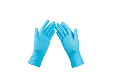 Beyaz arka planda izole edilmiş tıbbi nitril eldivenler. Cerrahi lateks eldivenler. Lastik eldiven üretimi. Doktor ya da hemşire koruyucu eldiven takıyor. Tıp konsepti. Kısırlık, koruma.