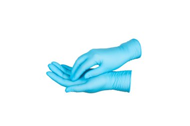 Beyaz arka planda izole edilmiş tıbbi nitril eldivenler. Cerrahi lateks eldivenler. Lastik eldiven üretimi. Doktor ya da hemşire koruyucu eldiven takıyor. Tıp konsepti. Kısırlık, koruma.