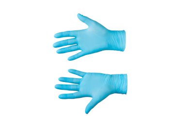 Beyaz arka planda izole edilmiş tıbbi nitril eldivenler. Cerrahi lateks eldivenler. Lastik eldiven üretimi. Doktor ya da hemşire koruyucu eldiven takıyor. Tıp konsepti. Kısırlık, koruma.