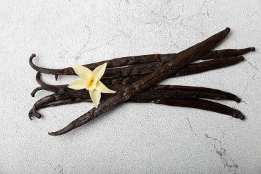 Dokulu bir arka planda vanilya kabukları. Vanilya çiçekleri ve tohumlar. Vanilyalı fasulye. Hamur işleri ve tatlılar için baharatlı baharat. Baharat. Mesaj için yer var. Boşluğu Kopyala