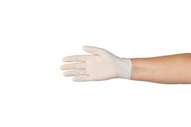 Beyaz arka planda izole edilmiş tıbbi nitril eldivenler. Cerrahi lateks eldivenler. Lastik eldiven üretimi. Doktor ya da hemşire koruyucu eldiven takıyor. Tıp konsepti. Kısırlık, koruma.