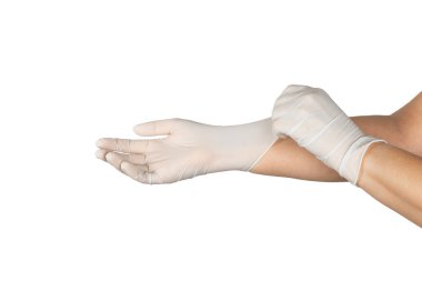 Beyaz arka planda izole edilmiş tıbbi nitril eldivenler. Cerrahi lateks eldivenler. Lastik eldiven üretimi. Doktor ya da hemşire koruyucu eldiven takıyor. Tıp konsepti. Kısırlık, koruma.