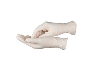 Beyaz arka planda izole edilmiş tıbbi nitril eldivenler. Cerrahi lateks eldivenler. Lastik eldiven üretimi. Doktor ya da hemşire koruyucu eldiven takıyor. Tıp konsepti. Kısırlık, koruma.