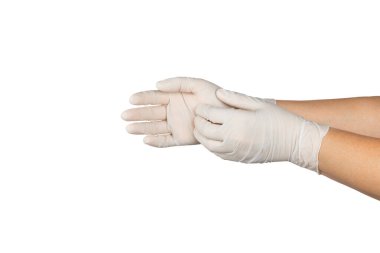 Beyaz arka planda izole edilmiş tıbbi nitril eldivenler. Cerrahi lateks eldivenler. Lastik eldiven üretimi. Doktor ya da hemşire koruyucu eldiven takıyor. Tıp konsepti. Kısırlık, koruma.