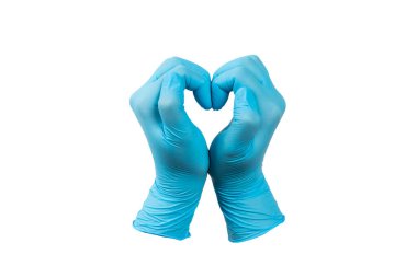 Beyaz arka planda izole edilmiş tıbbi nitril eldivenler. Cerrahi lateks eldivenler. Lastik eldiven üretimi. Doktor ya da hemşire koruyucu eldiven takıyor. Tıp konsepti. Kısırlık, koruma.