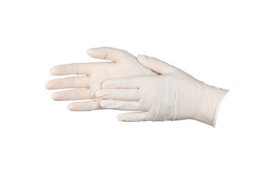 Beyaz arka planda izole edilmiş tıbbi nitril eldivenler. Cerrahi lateks eldivenler. Lastik eldiven üretimi. Doktor ya da hemşire koruyucu eldiven takıyor. Tıp konsepti. Kısırlık, koruma.