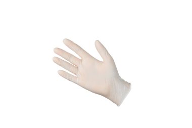 Beyaz arka planda izole edilmiş tıbbi nitril eldivenler. Cerrahi lateks eldivenler. Lastik eldiven üretimi. Doktor ya da hemşire koruyucu eldiven takıyor. Tıp konsepti. Kısırlık, koruma.