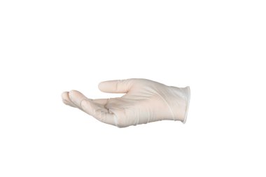 Beyaz arka planda izole edilmiş tıbbi nitril eldivenler. Cerrahi lateks eldivenler. Lastik eldiven üretimi. Doktor ya da hemşire koruyucu eldiven takıyor. Tıp konsepti. Kısırlık, koruma.