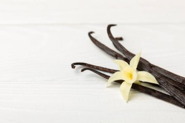 Dokulu bir arka planda vanilya kabukları. Vanilya çiçekleri ve tohumlar. Vanilyalı fasulye. Hamur işleri ve tatlılar için baharatlı baharat. Baharat. Mesaj için yer var. Boşluğu Kopyala