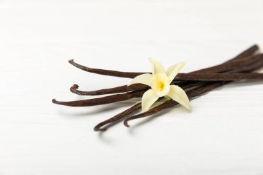 Dokulu bir arka planda vanilya kabukları. Vanilya çiçekleri ve tohumlar. Vanilyalı fasulye. Hamur işleri ve tatlılar için baharatlı baharat. Baharat. Mesaj için yer var. Boşluğu Kopyala