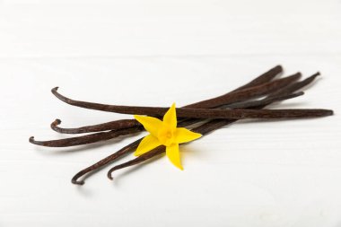 Dokulu bir arka planda vanilya kabukları. Vanilya çiçekleri ve tohumlar. Vanilyalı fasulye. Hamur işleri ve tatlılar için baharatlı baharat. Baharat. Mesaj için yer var. Boşluğu Kopyala