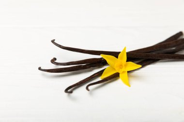 Dokulu bir arka planda vanilya kabukları. Vanilya çiçekleri ve tohumlar. Vanilyalı fasulye. Hamur işleri ve tatlılar için baharatlı baharat. Baharat. Mesaj için yer var. Boşluğu Kopyala