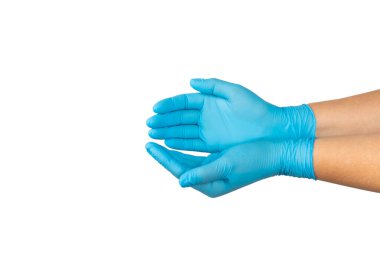 Beyaz arka planda izole edilmiş tıbbi nitril eldivenler. Cerrahi lateks eldivenler. Lastik eldiven üretimi. Doktor ya da hemşire koruyucu eldiven takıyor. Tıp konsepti. Kısırlık, koruma.