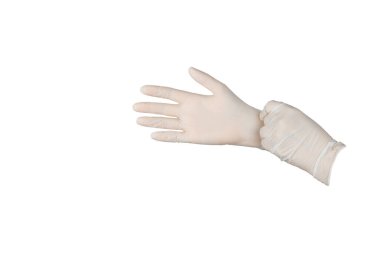 Beyaz arka planda izole edilmiş tıbbi nitril eldivenler. Cerrahi lateks eldivenler. Lastik eldiven üretimi. Doktor ya da hemşire koruyucu eldiven takıyor. Tıp konsepti. Kısırlık, koruma.