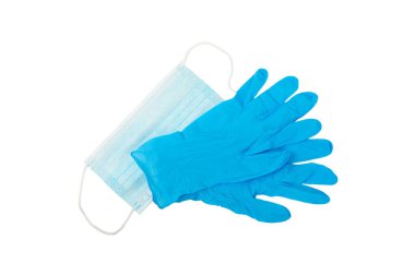 Beyaz arka planda izole edilmiş tıbbi nitril eldivenler. Cerrahi lateks eldivenler. Lastik eldiven üretimi. Doktor ya da hemşire koruyucu eldiven takıyor. Tıp konsepti. Kısırlık, koruma.