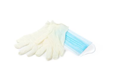 Beyaz arka planda izole edilmiş tıbbi nitril eldivenler. Cerrahi lateks eldivenler. Lastik eldiven üretimi. Doktor ya da hemşire koruyucu eldiven takıyor. Tıp konsepti. Kısırlık, koruma.