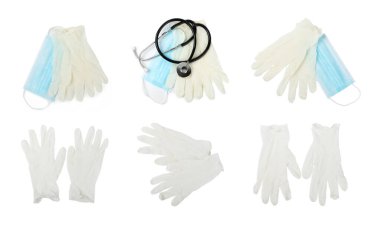 Beyaz arka planda izole edilmiş tıbbi nitril eldivenler. Cerrahi lateks eldivenler. Lastik eldiven üretimi. Doktor ya da hemşire koruyucu eldiven takıyor. Tıp konsepti. Kısırlık, koruma.
