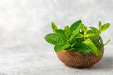 Naneli. Ahşap arka planda taze organik nane yaprakları. Nane yaprakları. Nane şekeri. Yakın plan. Mesaj için yer var. Boşluğu kopyala.