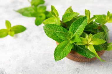 Naneli. Ahşap arka planda taze organik nane yaprakları. Nane yaprakları. Nane şekeri. Yakın plan. Mesaj için yer var. Boşluğu kopyala.