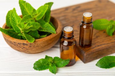 Ahşap bir arka planda esaslı bir nane şekeri. Naneli esaslı yağ ve taze nane yaprakları. Bir şişe aromaterapi yağı. Nane özütü. Doğal kozmetik konsepti, spa bakımı. Boşluğu kopyala