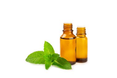 Beyaz arka planda izole edilmiş temel yağ nanesi. Naneli esaslı yağ ve taze nane yaprakları. Bir şişe aromaterapi yağı. Nane özütü. Doğal kozmetik konsepti, spa bakımı