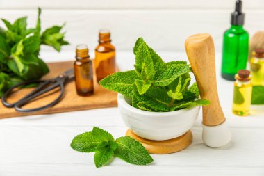 Ahşap zemin üzerinde havan ve kabuk ile taze nane. Melissa gider. Şifalı bitkiler, ilaç için havanda yeşil nane yaprakları. Mesaj için alan. Boşluğu kopyala.