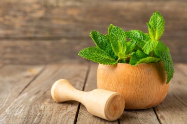Ahşap zemin üzerinde havan ve kabuk ile taze nane. Melissa gider. Şifalı bitkiler, ilaç için havanda yeşil nane yaprakları. Mesaj için alan. Boşluğu kopyala.