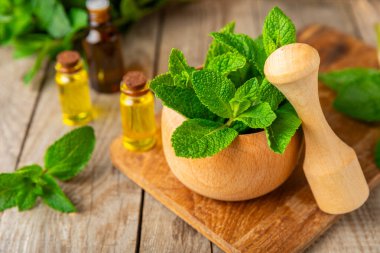 Ahşap zemin üzerinde havan ve kabuk ile taze nane. Melissa gider. Şifalı bitkiler, ilaç için havanda yeşil nane yaprakları. Mesaj için alan. Boşluğu kopyala.