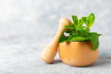 Ahşap zemin üzerinde havan ve kabuk ile taze nane. Melissa gider. Şifalı bitkiler, ilaç için havanda yeşil nane yaprakları. Mesaj için alan. Boşluğu kopyala.