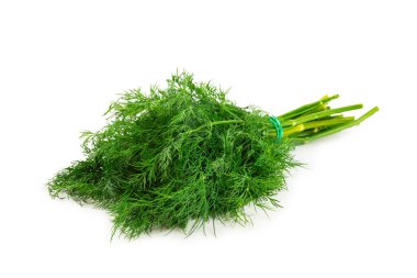 Dill beyaz arka planda izole edildi. Taze organik sebzeler. Dill çiftliği. Dill yaprakları. Bahar genç deresi sürüsü. Vitaminler. İplik. Aromatik Mutfak Baharatı.