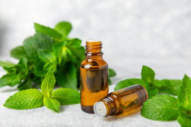 Ahşap bir arka planda esaslı bir nane şekeri. Naneli esaslı yağ ve taze nane yaprakları. Bir şişe aromaterapi yağı. Nane özütü. Doğal kozmetik konsepti, spa bakımı. Boşluğu kopyala