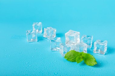 Arka planda nane ve buz var. Yeşil taze nane ve buz küpü. Nane yaprağı, buz küpü ve soğuk içecek için su damlası. Üst Manzara. Mesaj için yer var. Boşluğu kopyala.