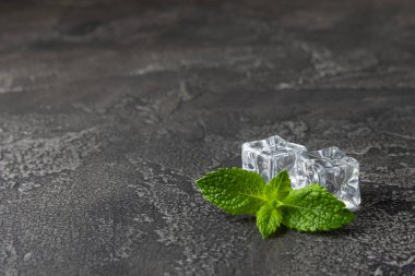 Arka planda nane ve buz var. Yeşil taze nane ve buz küpü. Nane yaprağı, buz küpü ve soğuk içecek için su damlası. Üst Manzara. Mesaj için yer var. Boşluğu kopyala.