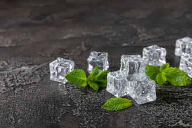 Arka planda nane ve buz var. Yeşil taze nane ve buz küpü. Nane yaprağı, buz küpü ve soğuk içecek için su damlası. Üst Manzara. Mesaj için yer var. Boşluğu kopyala.