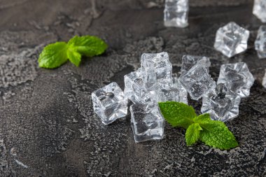 Arka planda nane ve buz var. Yeşil taze nane ve buz küpü. Nane yaprağı, buz küpü ve soğuk içecek için su damlası. Üst Manzara. Mesaj için yer var. Boşluğu kopyala.