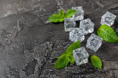 Arka planda nane ve buz var. Yeşil taze nane ve buz küpü. Nane yaprağı, buz küpü ve soğuk içecek için su damlası. Üst Manzara. Mesaj için yer var. Boşluğu kopyala.