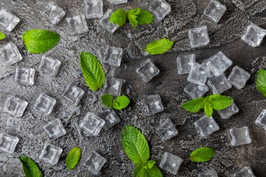 Arka planda nane ve buz var. Yeşil taze nane ve buz küpü. Nane yaprağı, buz küpü ve soğuk içecek için su damlası. Üst Manzara. Mesaj için yer var. Boşluğu kopyala.