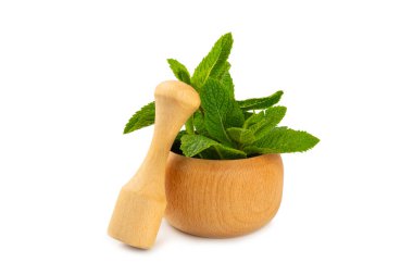 Ahşap zemin üzerinde havan ve kabuk ile taze nane. Melissa gider. Şifalı bitkiler, ilaç için havanda yeşil nane yaprakları. Mesaj için alan. Boşluğu kopyala.