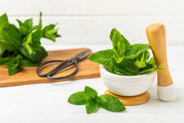 Ahşap zemin üzerinde havan ve kabuk ile taze nane. Melissa gider. Şifalı bitkiler, ilaç için havanda yeşil nane yaprakları. Mesaj için alan. Boşluğu kopyala.