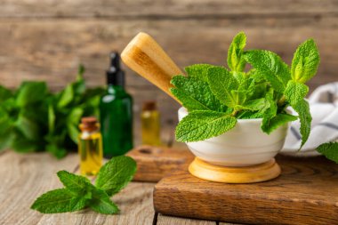 Ahşap zemin üzerinde havan ve kabuk ile taze nane. Melissa gider. Şifalı bitkiler, ilaç için havanda yeşil nane yaprakları. Mesaj için alan. Boşluğu kopyala.