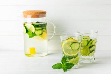 Salatalık suyu, limon, nane ve ahşap bir masada. İçme bardağında dilimlenmiş salatalık ile karıştırılmış su. Tonik ferahlatıcı bir içecek. Salatalık limonata. Doğal soğutma içeceği. Boşluğu kopyala.