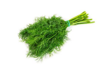 Dill beyaz arka planda izole edildi. Taze organik sebzeler. Dill çiftliği. Dill yaprakları. Bahar genç deresi sürüsü. Vitaminler. İplik. Aromatik Mutfak Baharatı.