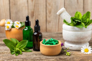 Ahşap zemin üzerinde alternatif ilaç bitkisel kapsül organik ilaç. Bitki ve tablet çeşitleri, vitaminler ve diyet takviyeleri. Sağlıklı yaşam için tıbbi ve şifalı bitkiler.