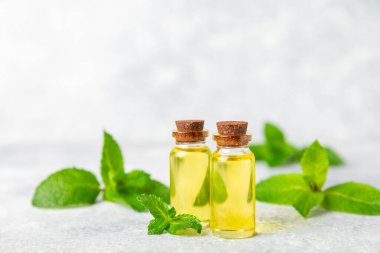 Ahşap bir arka planda esaslı bir nane şekeri. Naneli esaslı yağ ve taze nane yaprakları. Bir şişe aromaterapi yağı. Nane özütü. Doğal kozmetik konsepti, spa bakımı. Boşluğu kopyala